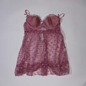 Pink Semi Sheer Polka Dot Babydoll With Complimenting Ribbon